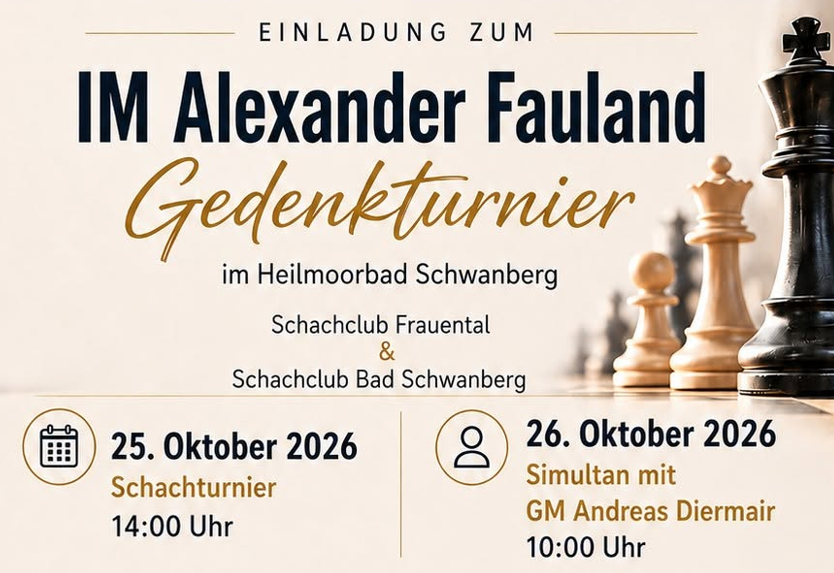 Einladung zum IM Alexander Fauland Schachturnier ins Heilmoorbad Schwanberg