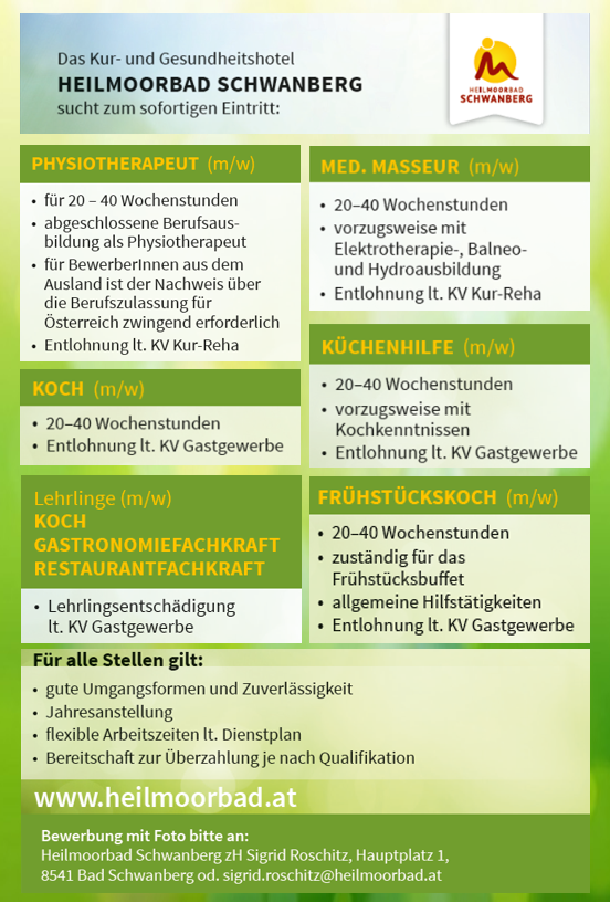 Diverse Stellenangebote im Heilmoorbad Schwanberg