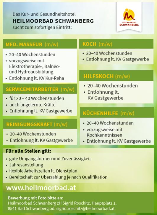 Diverse Stellenangebote im Heilmoorbad Schwanberg
